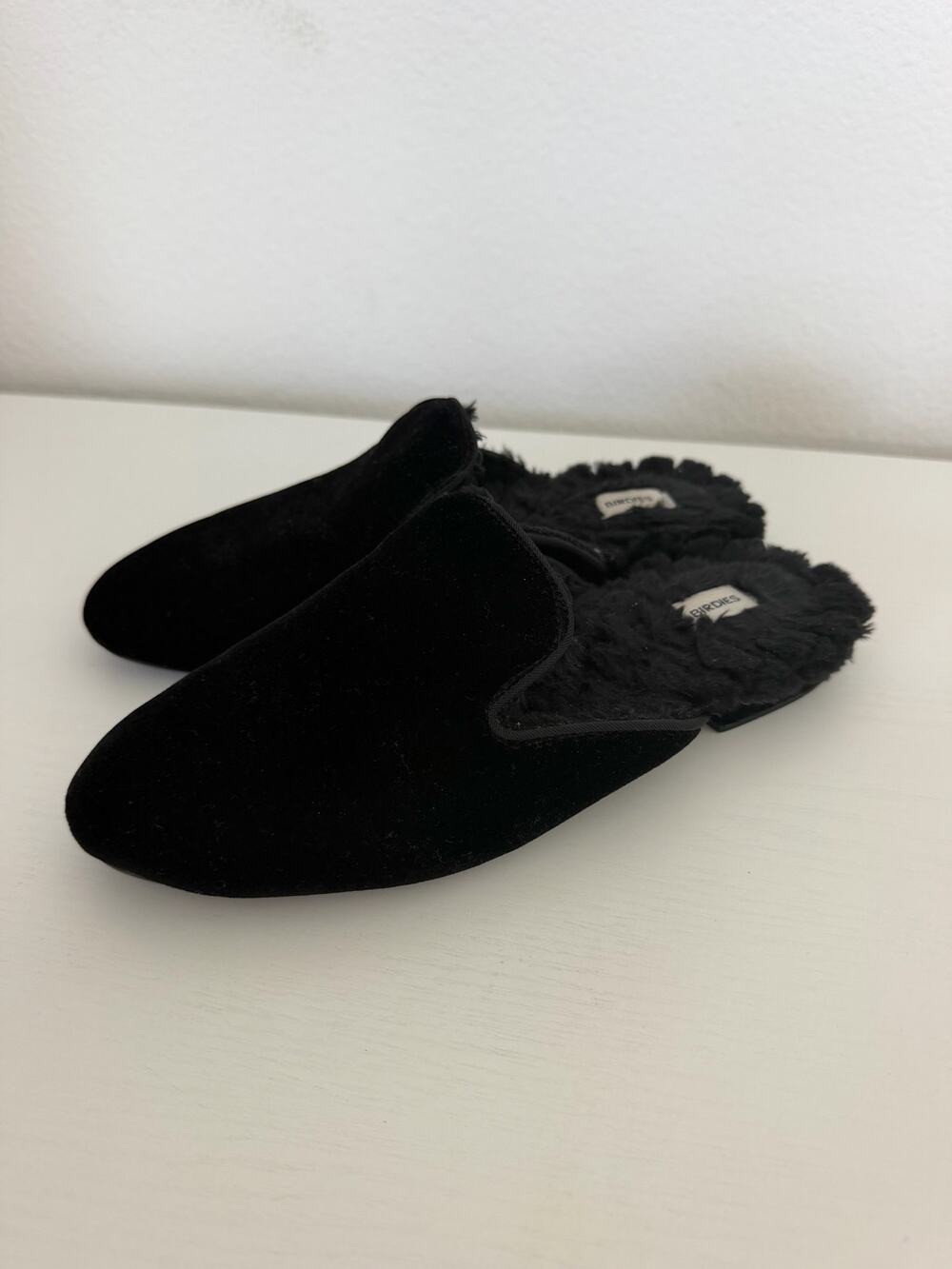 Birdies Womens Phoebe Black Velvet Faux Fur Lined Slipper Slides Mules Size 7